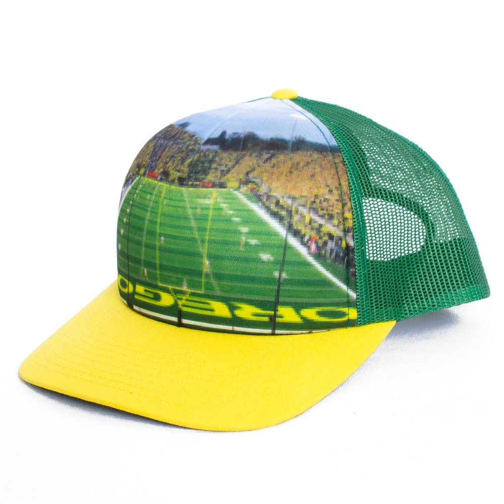 Autzen Stadium, Richardson, Green, Trucker, Cotton Blend, Accessories, Unisex, Football, Green & Yellow Bill, 112, Custom Sublimated, Foam, Adjustable, Hat, 846798